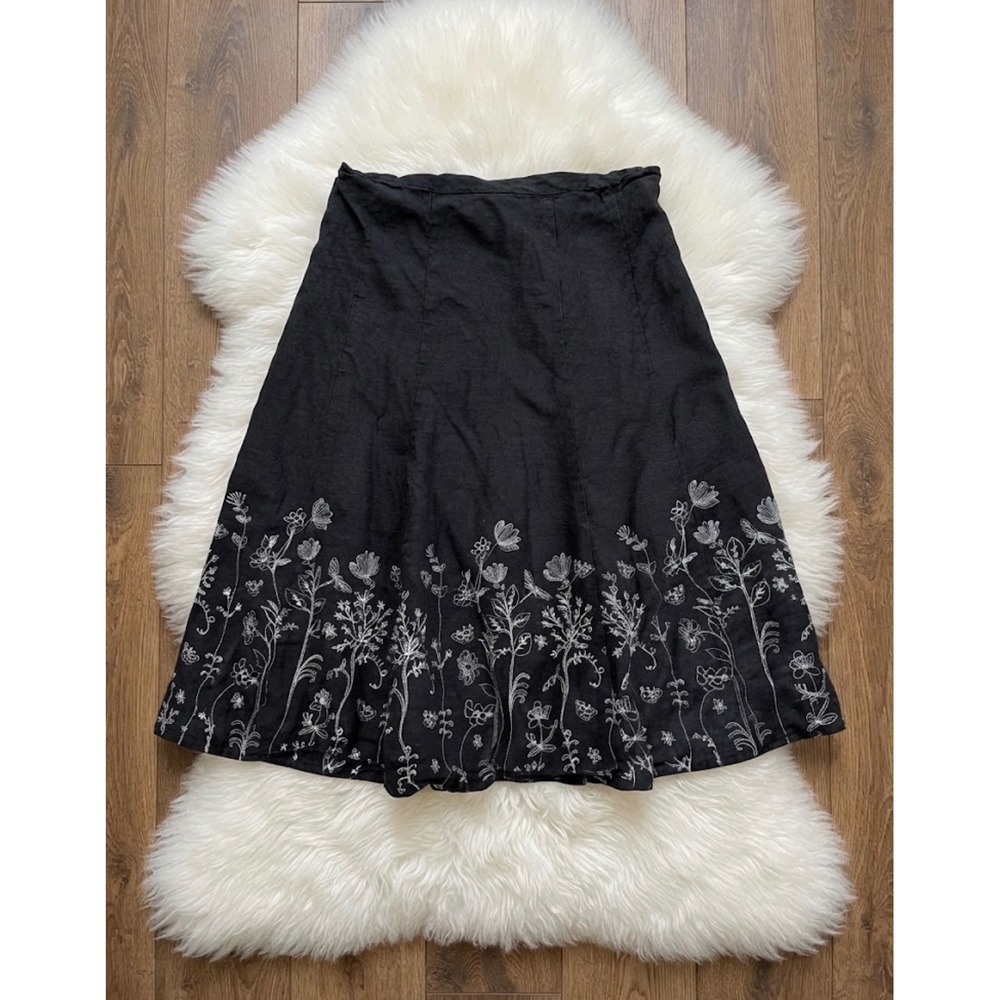 Christopher & Banks Black Linen Blend Embroidered Floral Midi Skirt Medium